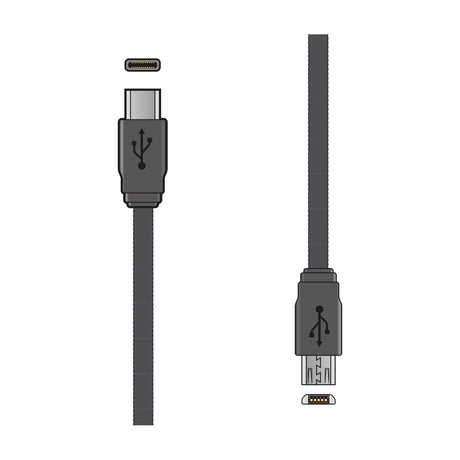AV:Link braided USB-C to Micro USB sync and charge cable with black connectors and pin-end views shown on a plain white background.