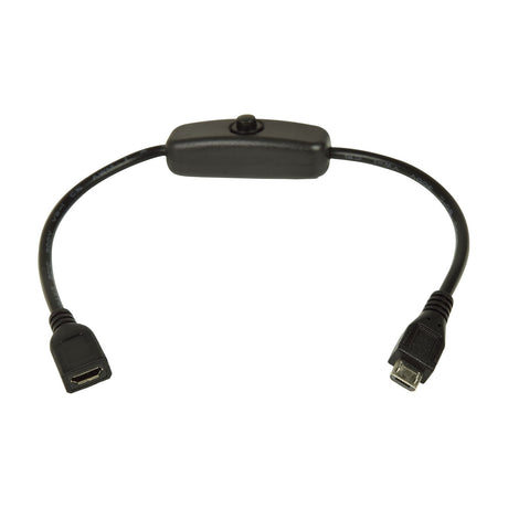 AV:Link Micro USB extension cable by AVSL with inline power switch, 25cm black lead running from Micro USB socket to Micro USB plug, on a white background.
