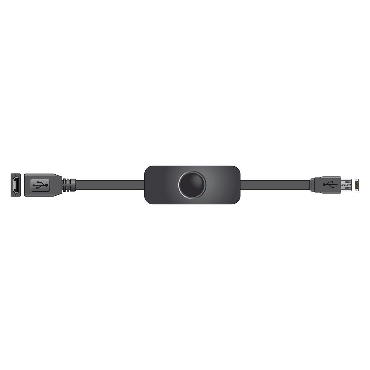 Illustration of the AV:Link Micro USB Extension Cable With On/Off Switch - 0.25m, featuring a USB-A connector on one end and a micro USB connector on the other, perfect for Raspberry Pi accessories. The cable includes an inline component with a round power switch in the center.