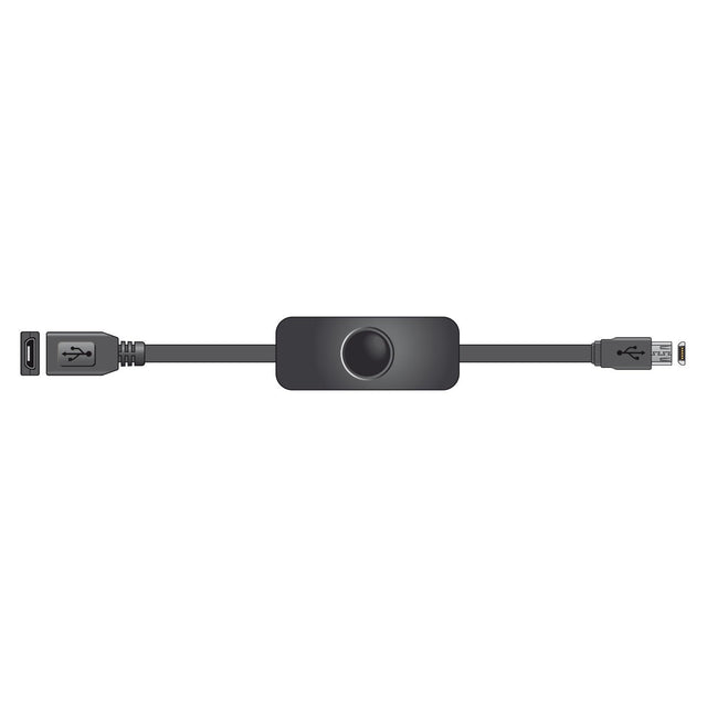Illustration of the AV:Link Micro USB Extension Cable With On/Off Switch - 0.25m, featuring a USB-A connector on one end and a micro USB connector on the other, perfect for Raspberry Pi accessories. The cable includes an inline component with a round power switch in the center.