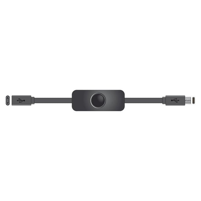 Illustration of a black AV:Link USB-C Extension Cable With Power Switch – 0.25m. It has a circular power switch in the center, with one end featuring a USB Type-C connector suitable for Raspberry Pi 4 and the other end including a micro USB connector.