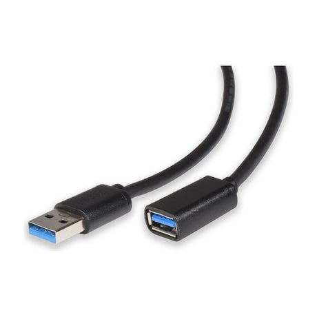 AV:Link USB 3.0 Type-A plug to socket extension lead in black with blue connector inserts, shown on a plain white background.