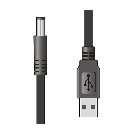 AV:Link USB to 2.1 x 5.5mm 5V DC power lead with black USB Type-A connector and matching barrel plug end, shown on a plain white background.