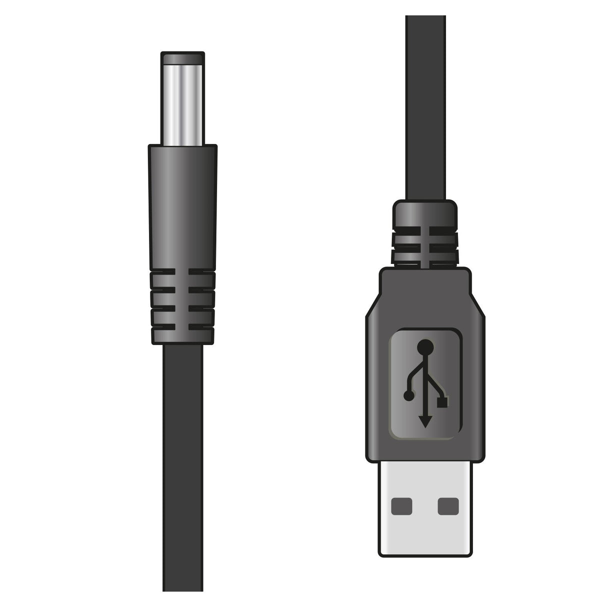 The image showcases two cable connectors from the AV:Link USB 2.0 To 2.1 x 5.5mm 5V DC Jack Power Lead - 1m: a cylindrical 5V DC jack on the left and a USB Type-A connector on the right, with the latter featuring the standard power supply symbol. Both cables are black with gray connectors.