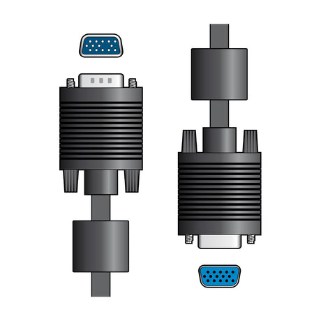 AV:Link VGA plug to plug 2.0m video cable with two black male 15-pin connectors and ferrite chokes, shown with blue pin-side views on a white background.