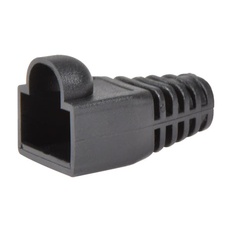 AVSL RJ45 strain relief boot in black flexible PVC with ribbed grip profile and open connector end, shown on a plain white background from the 10-pack.