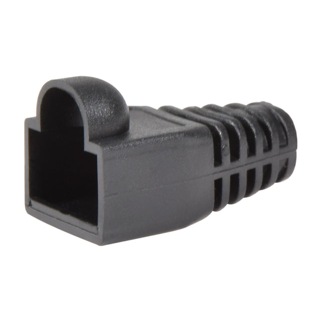 AVSL RJ45 strain relief boot in black flexible PVC with ribbed grip profile and open connector end, shown on a plain white background from the 10-pack.