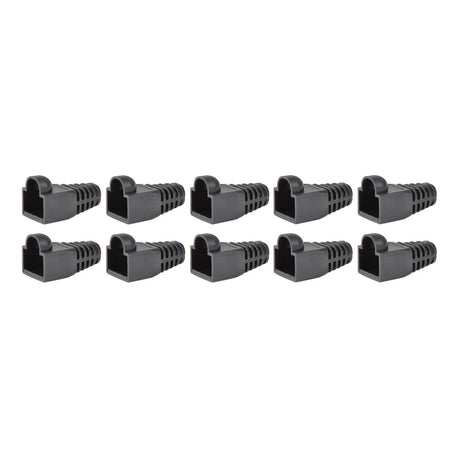 Ten AV:Link RJ45 Strain Relief Boots, each made of flexible plastic with ribbed sides to safeguard Cat5e, Cat6, and Cat6a network cables, are neatly arranged in two rows. These black boots line up precisely against a white background and feature an open-ended design.