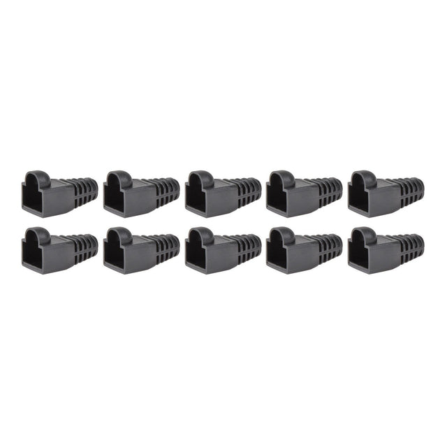 Ten AV:Link RJ45 Strain Relief Boots, each made of flexible plastic with ribbed sides to safeguard Cat5e, Cat6, and Cat6a network cables, are neatly arranged in two rows. These black boots line up precisely against a white background and feature an open-ended design.