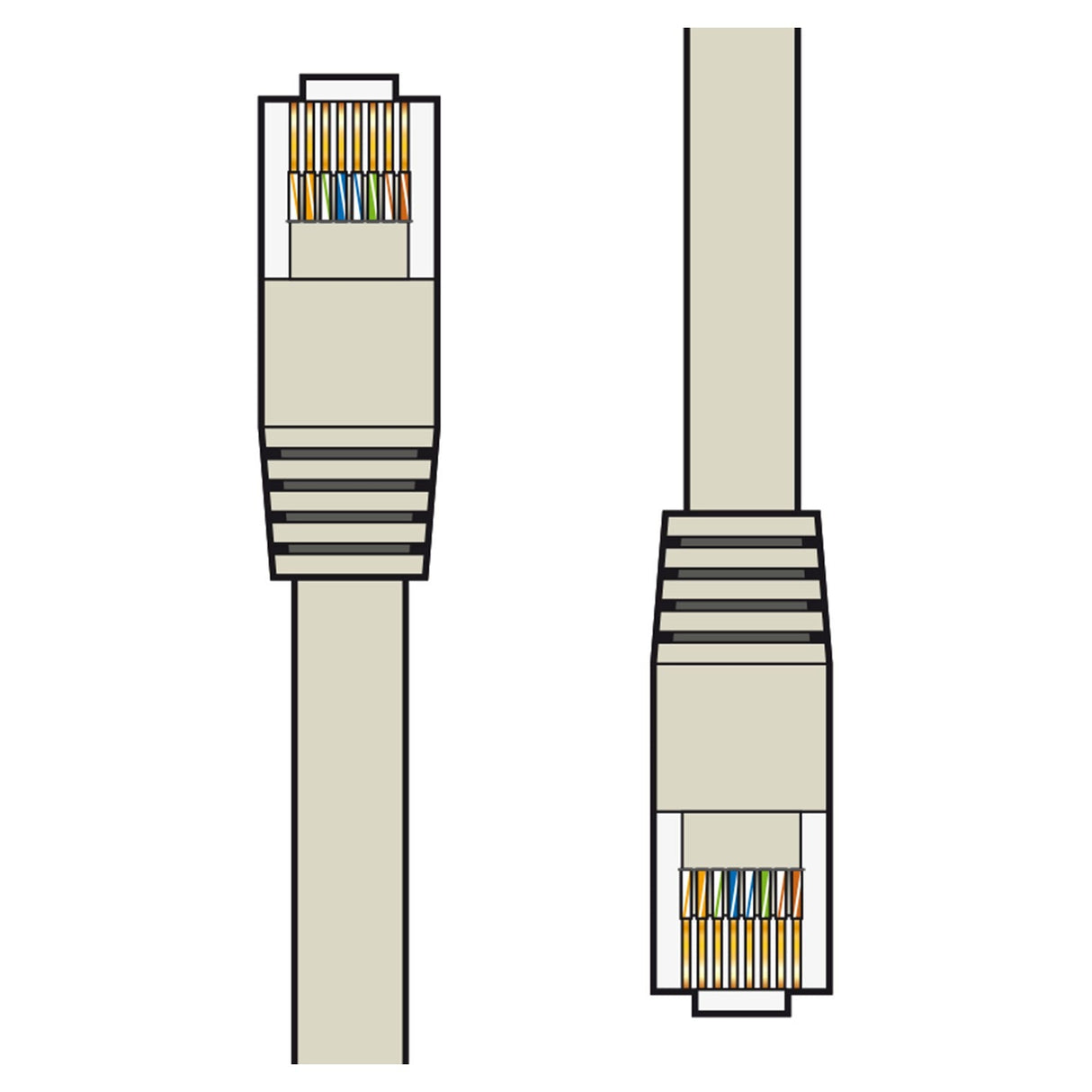 Illustration of two AV:Link Cat6 Patch Lead UTP RJ45 Plug To RJ45 Plug cables with visible internal wiring. The left shows a front view of the connector, while the right displays a top view. Both connectors reveal colored wires designed for high-speed data transmission, ensuring they're backwards compatible.