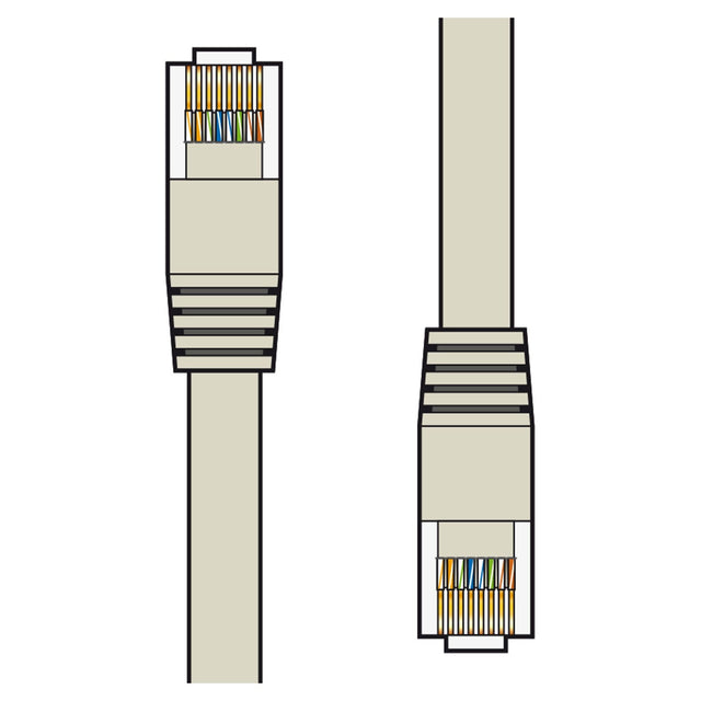 Illustration of two AV:Link Cat6 Patch Lead UTP RJ45 Plug To RJ45 Plug cables with visible internal wiring. The left shows a front view of the connector, while the right displays a top view. Both connectors reveal colored wires designed for high-speed data transmission, ensuring they're backwards compatible.