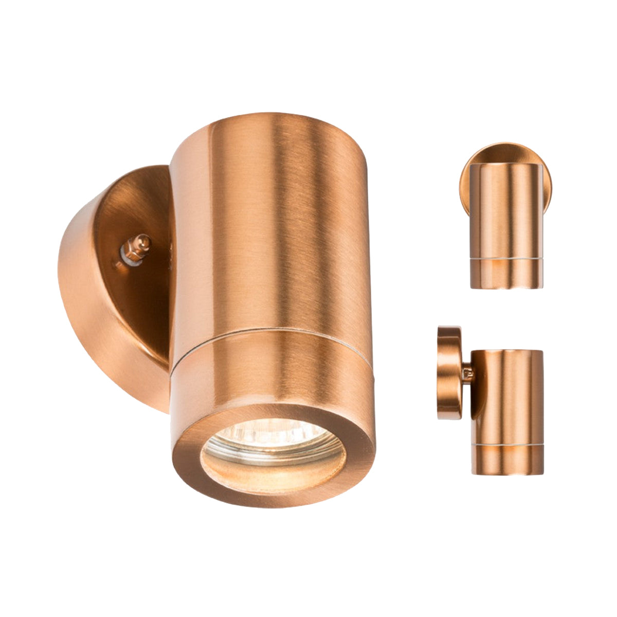 The Outdoor Fixed Wall Light - Copper is a contemporary cylindrical GU10 light fixture featuring a rounded base and an adjustable head. It showcases a sophisticated copper finish and can be viewed from multiple angles including side, front, and back views. Crafted with an IP65 stainless steel design, it offers enhanced durability while retaining an elegant look.