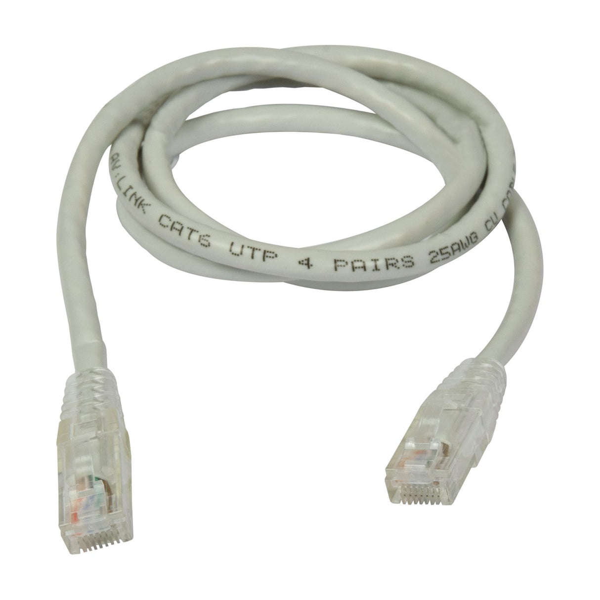 AV:Link Cat6 UTP RJ45 Ethernet patch lead in grey, coiled with two clear RJ45 plugs on each end, shown on a plain white background.