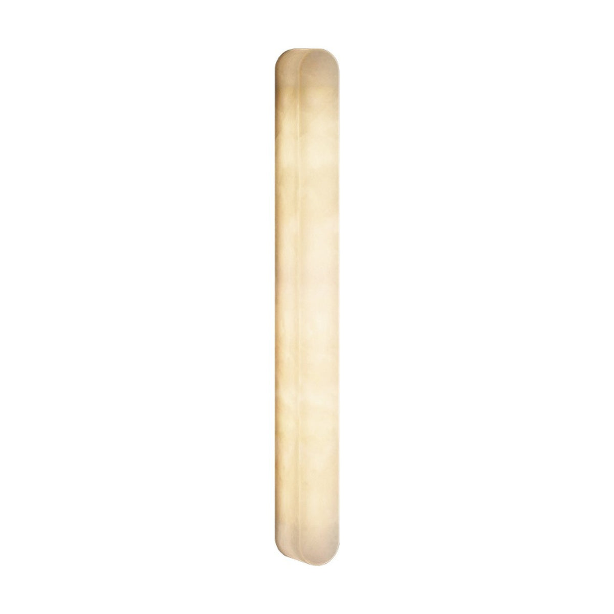 Bastian LED Alabaster Linear Wall Light, a slim vertical bar with rounded ends and cloudy stone markings, glowing warm white against a plain background.