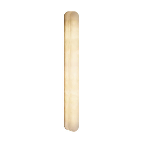 Bastian LED Alabaster Linear Wall Light, a slim vertical bar with rounded ends and cloudy stone markings, glowing warm white against a plain background.