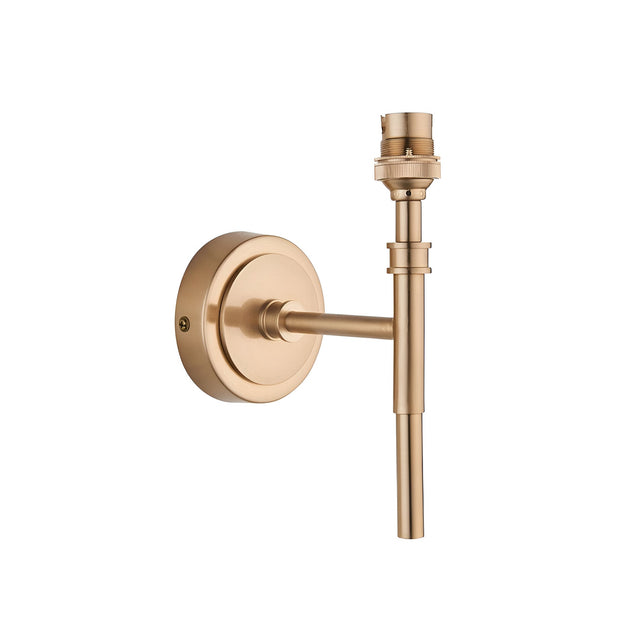 Endon Bevford wall light in aged brass with a round backplate, slim arm, and B22 lampholder shown without a shade on a white background.