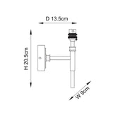 Endon Bevford wall light technical drawing showing dimensions of 20.5cm height, 13.5cm projection and 9cm width with B22 lampholder detail.