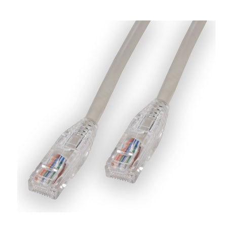 AV:Link Cat5e UTP RJ45 2.0m network patch lead in grey with two clear RJ45 plugs showing twisted copper pairs, on a plain white background.