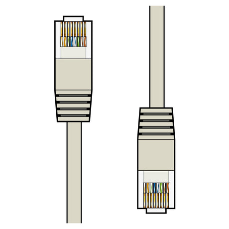 Illustration of two AV:Link Cat5e Patch Lead UTP RJ45 Plug To RJ45 Plug - 2m Ethernet cables with clear plastic connectors, one showcasing a side view and the other a top view. The internal colored wires, possibly made of copper clad aluminum, are visible within the connectors, highlighting the intricacy of network patch leads.