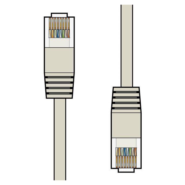 Illustration of two AV:Link Cat5e Patch Leads, highlighting their RJ45 connectors and copper clad aluminium design. One cable is displayed from the side and the other from above, both featuring their network patch leads and a gray exterior with vibrant wires visible through the surface.