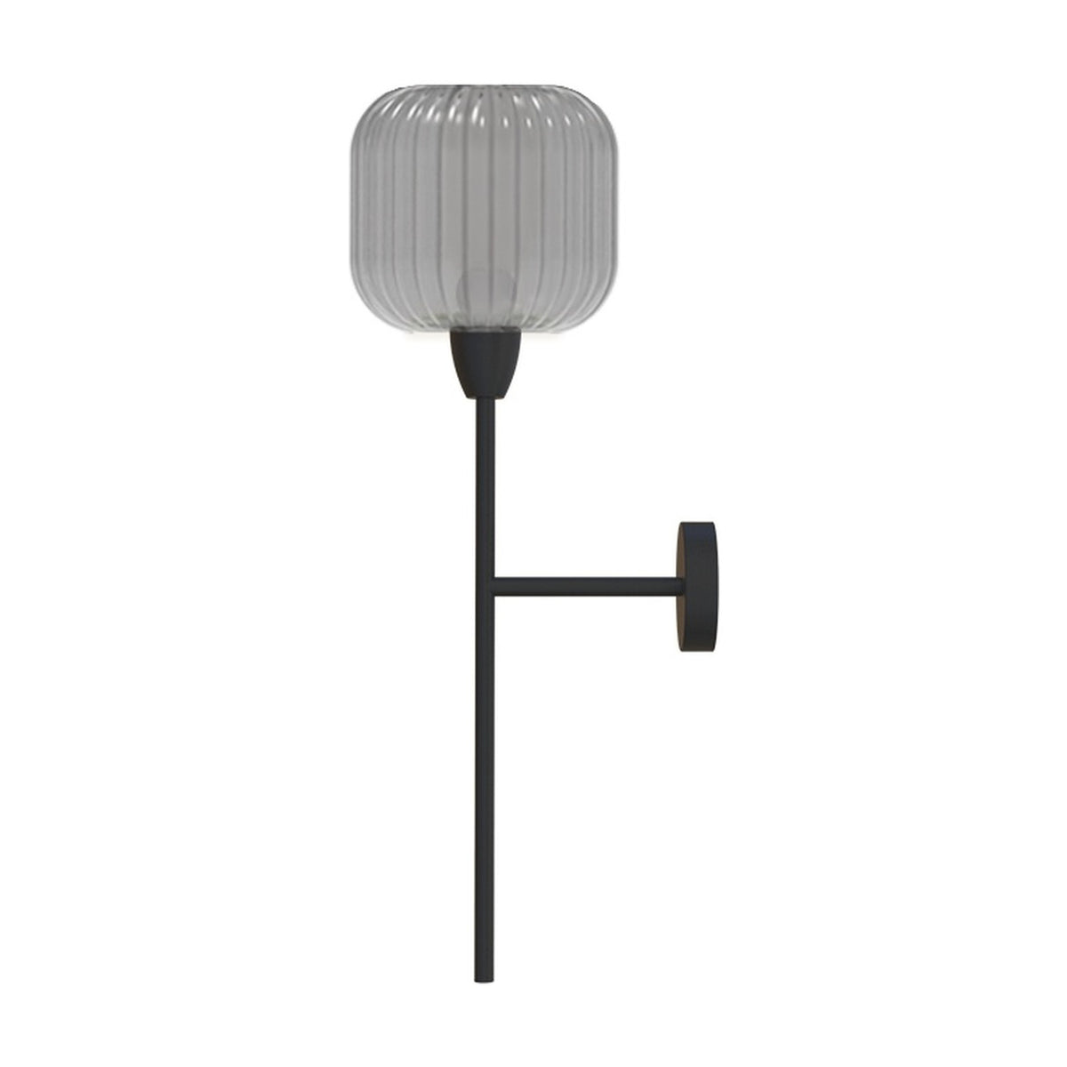 Blueberry Ribbed Glass Wall Light in grey, with a rounded fluted glass shade on a slim black iron stem and round wall mount, shown on a plain white background.