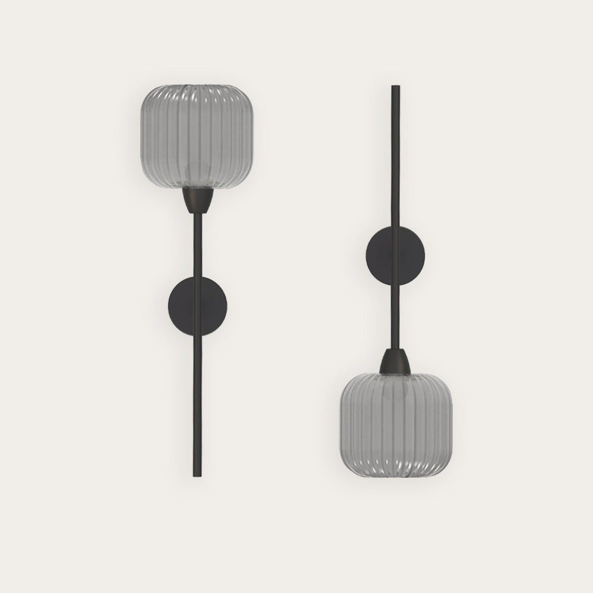 Blueberry Ribbed Glass Wall Light in grey, two styles shown with slim iron stems, round wall plates and ribbed glass shades, on a plain light background.