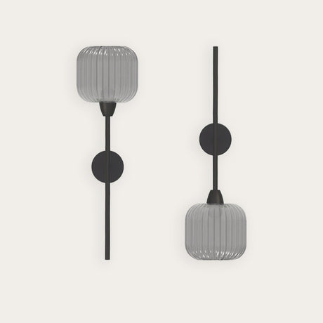 Blueberry Ribbed Glass Wall Light in grey, two styles shown with slim iron stems, round wall plates and ribbed glass shades, on a plain light background.