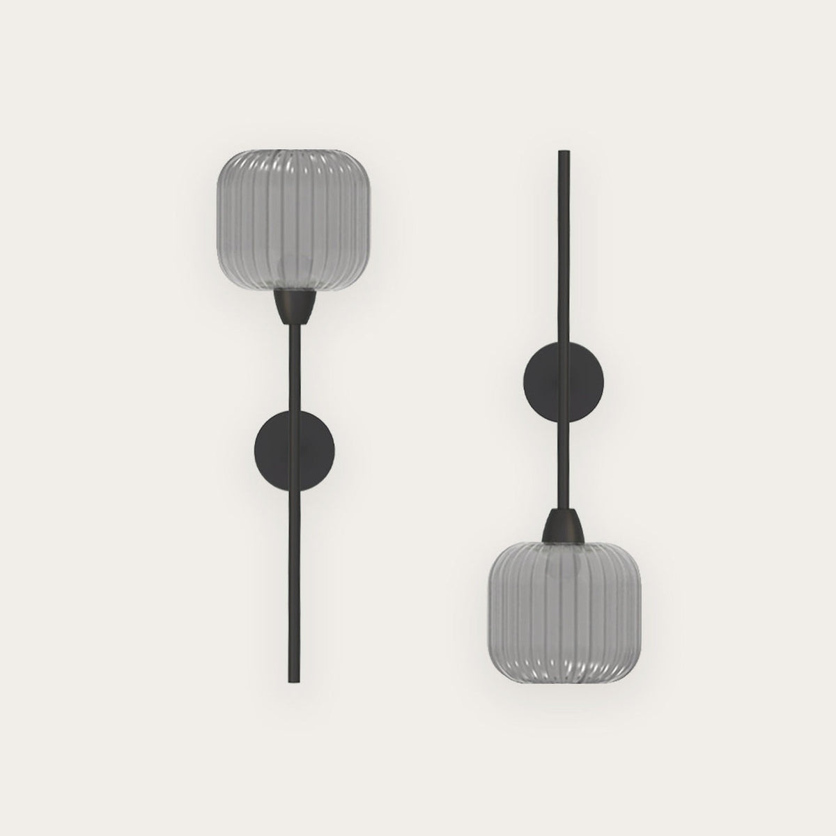 Blueberry Ribbed Glass Wall Light in grey, shown in two mounting orientations with round black wall plates, slim iron stems, and ribbed glass shades, on a plain background.