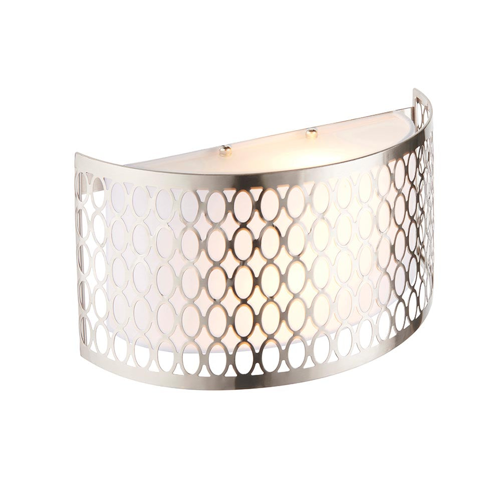 Endon Rosaline 2 light wall light with curved satin nickel geometric fretwork, white fabric inner shade and frosted glass top diffuser, on white.