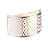 Endon Rosaline 2 light wall light with curved satin nickel geometric fretwork, white fabric inner shade and frosted glass top diffuser, on white.