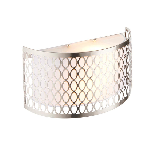 Endon Rosaline 2 light wall light with curved satin nickel geometric fretwork, white fabric inner shade and frosted glass top diffuser, on white.