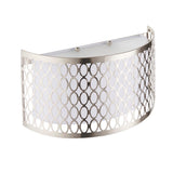 Endon Rosaline 2 Light curved wall light with satin nickel geometric fretwork, white fabric inner shade and frosted glass diffusers, on a white background.
