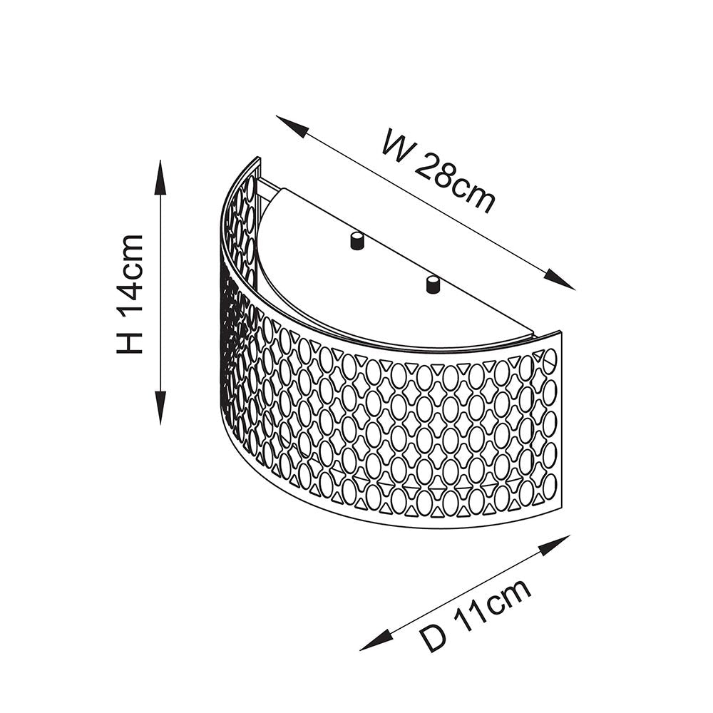 Dimensioned line drawing of the Endon Rosaline 2 Light Wall Light showing 28cm width, 14cm height, and 11cm projection on a white background.
