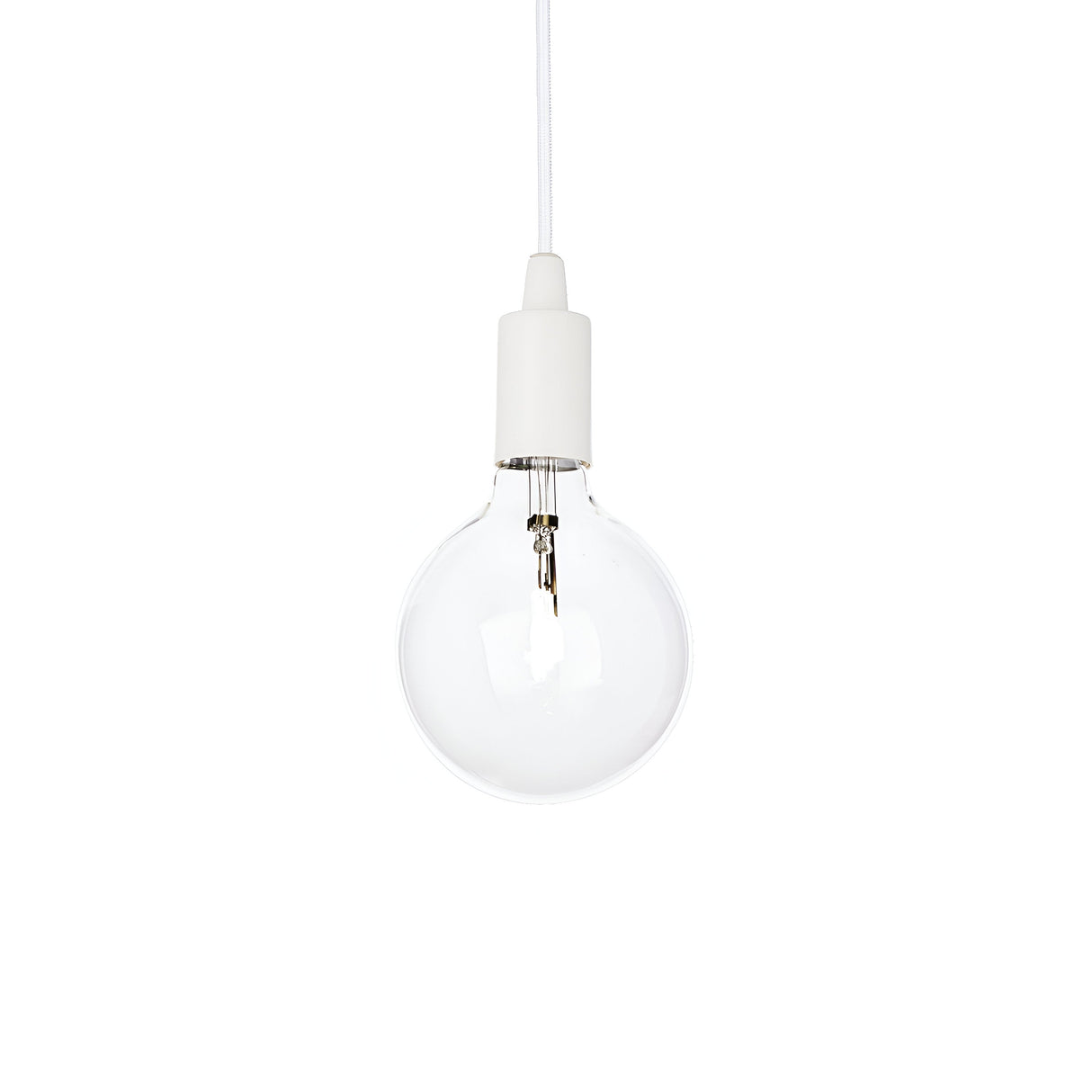 The Ice 1 Light Pendant - White features a sleek design with a clear bulb and white socket, suspended from a white cord, perfectly embodying the minimalist elegance typical of Scandinavian interiors against a plain white background.