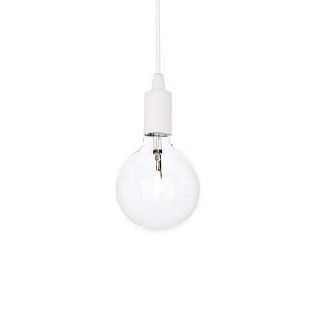 The Ice 1 Light Pendant - White features a sleek design with a clear bulb and white socket, suspended from a white cord, perfectly embodying the minimalist elegance typical of Scandinavian interiors against a plain white background.