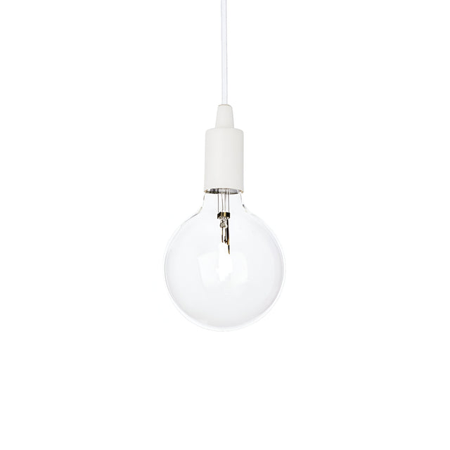 The Ice 1 Light Pendant - White features a sleek design with a clear bulb and white socket, suspended from a white cord, perfectly embodying the minimalist elegance typical of Scandinavian interiors against a plain white background.