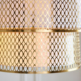 Close-up of Endon Rosaline 6 Light Chandelier in gold, showing two tiered rings of decorative fretwork metal around a white fabric inner shade.