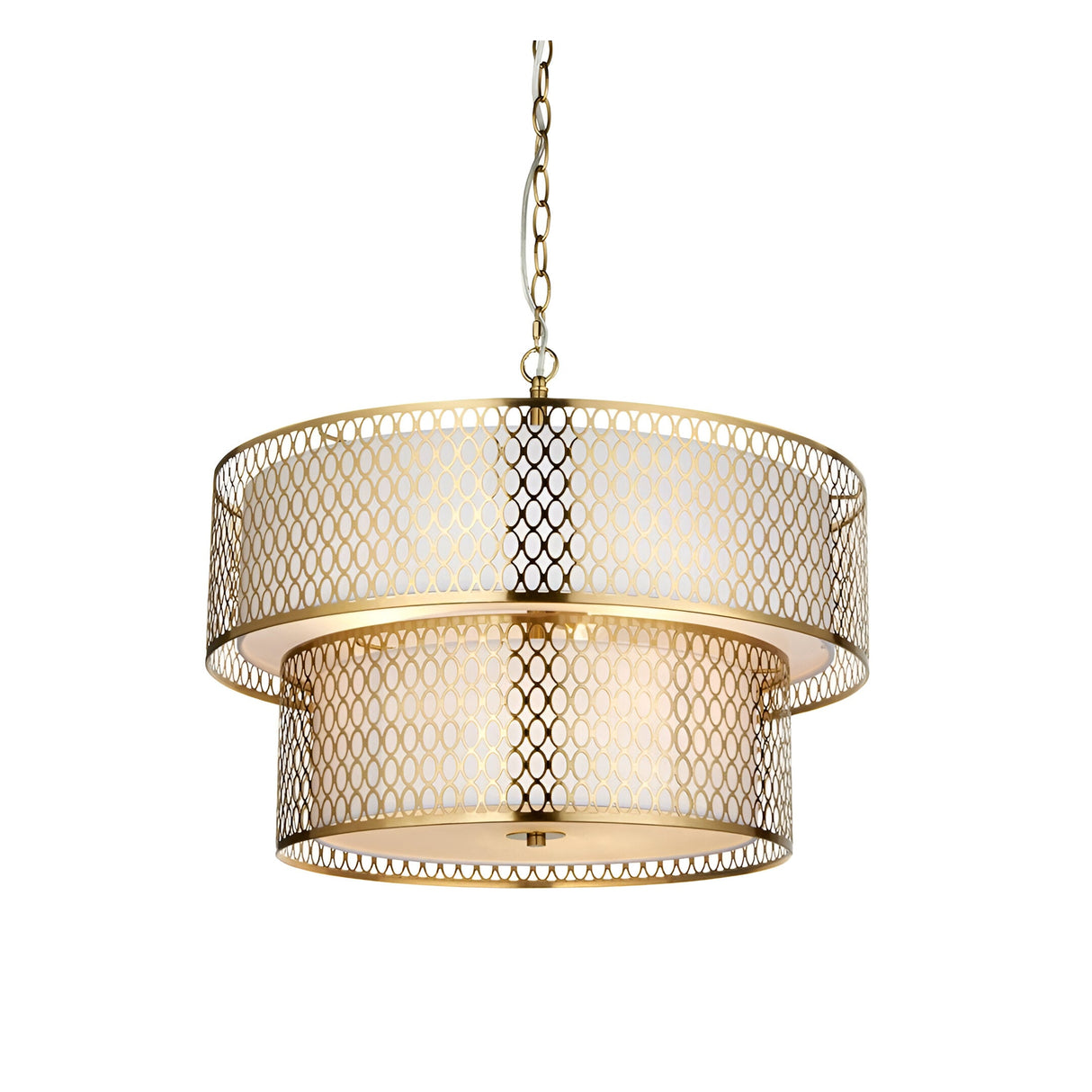 Endon Rosaline 6 Light Chandelier in gold with two tiers of fretwork metal around white fabric shades and a frosted glass diffuser, on white.