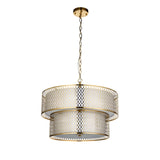 Endon Rosaline 6 light chandelier in gold with two tiers of circular fretwork metal around a white fabric shade, suspended from a chain on a white background.