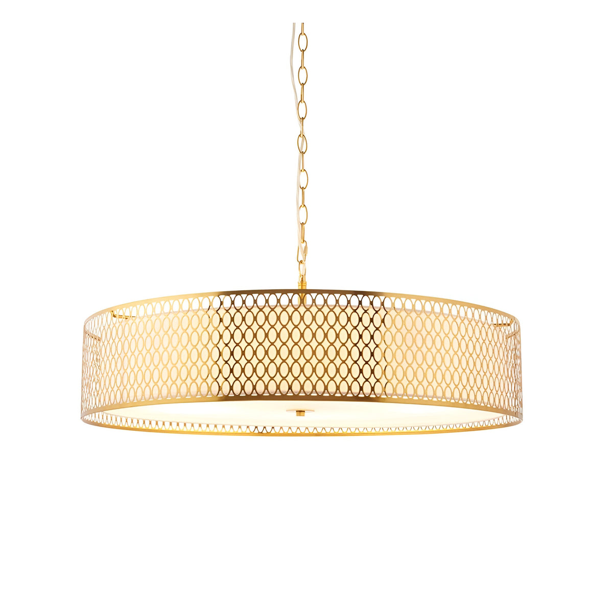Rosaline 5-light drum pendant featuring gold metal fretwork shade, white fabric lining, and frosted glass diffuser, hung from a chain.
