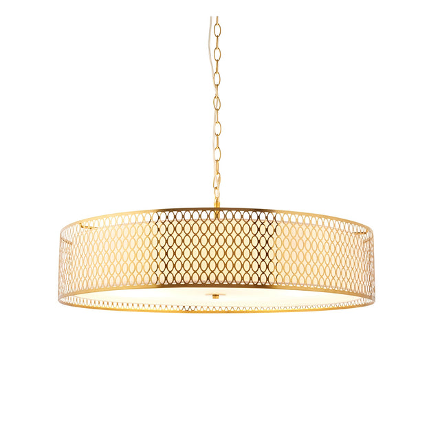 Rosaline 5-light drum pendant featuring gold metal fretwork shade, white fabric lining, and frosted glass diffuser, hung from a chain.
