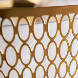 Close-up of the Rosaline 5 Light Pendant in gold, showing geometric metal fretwork with an oval and diamond pattern over a white fabric inner shade.
