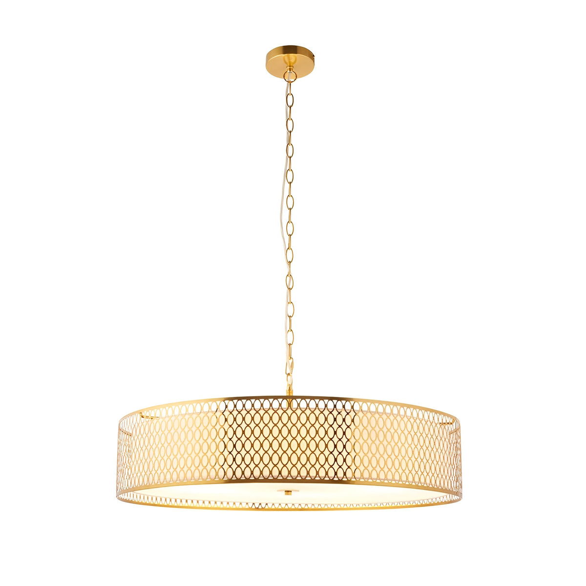Rosaline 5-light pendant in gold with a circular drum shade, geometric metal fretwork exterior, white fabric inner shade, and chain suspension.
