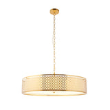 Rosaline 5-light pendant in gold with a circular drum shade, geometric metal fretwork exterior, white fabric inner shade, and chain suspension.