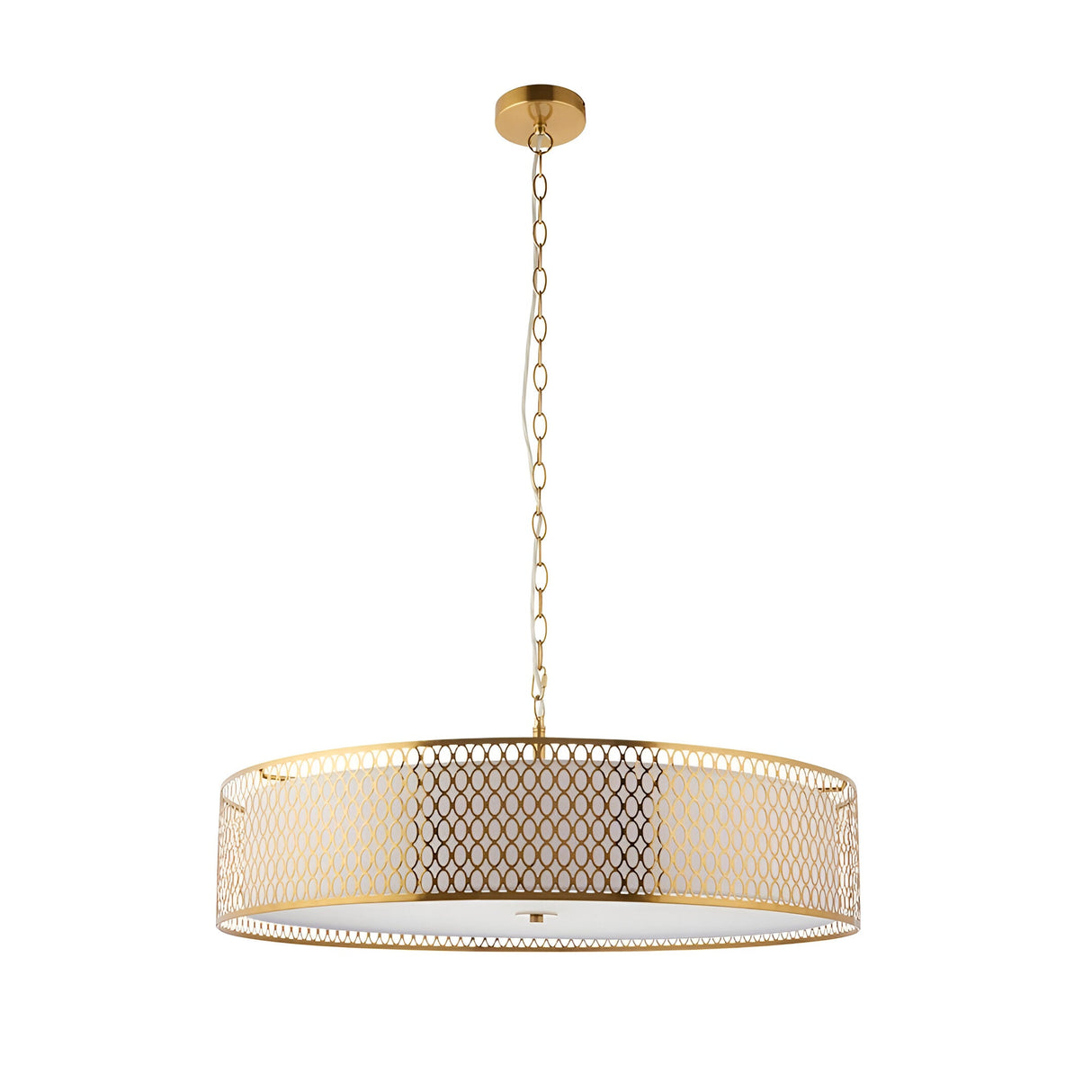 Rosaline 5-Light Pendant in gold and white with geometric fretwork drum shade over white fabric and frosted glass diffuser, on a gold chain.