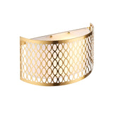 Rosaline 2-light wall light with curved gold fretwork outer, white fabric inner shade, and frosted glass diffusers, shown on a plain white background.