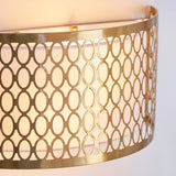 Close-up of the Rosaline 2-light wall light in gold, showing curved metal fretwork over a white fabric inner shade with warm diffused glow.