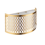 Rosaline 2 Light Wall Light in gold with a curved geometric fretwork outer and white fabric inner shade, shown on a plain white background.