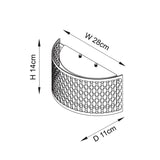 Line drawing of the Rosaline 2 Light Wall Light showing curved gold fretwork design with dimensions W 28cm, H 14cm, D 11cm on a white background.