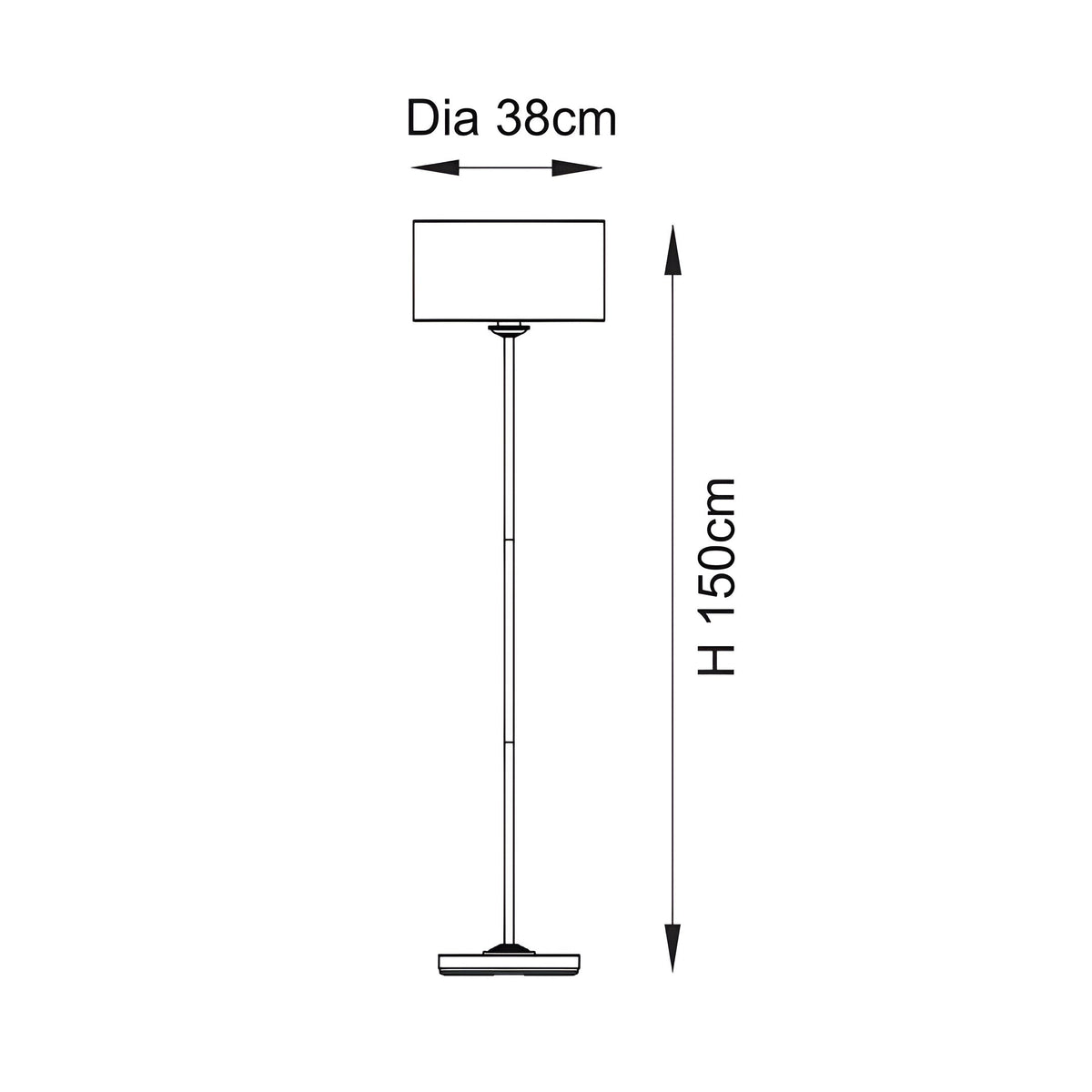 Technical line drawing of the Brenley Floor Lamp in brass, showing a rectangular fabric shade on a slim pole with round base, H150cm, Dia 38cm.